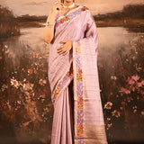 Soft Lavender Dotted Weave With Floral Leaf Border Designer Saree