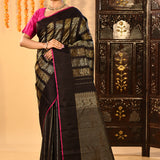 Black With Gold And Silver Geometric Stripes Kanjivaram Silk Saree