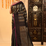 Black With Gold And Silver Geometric Stripes Kanjivaram Silk Saree