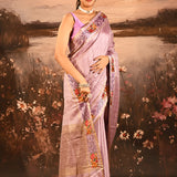 Soft Lavender Dotted Weave With Floral Leaf Border Designer Saree