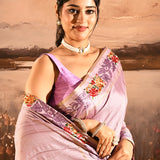Soft Lavender Dotted Weave With Floral Leaf Border Designer Saree