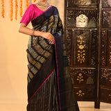 Black With Gold And Silver Geometric Stripes Kanjivaram Silk Saree