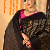 Black With Gold And Silver Geometric Stripes Kanjivaram Silk Saree