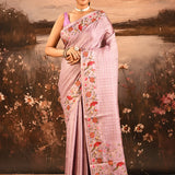 Soft Lavender With All Over Checks, Floral And Bird Motif Border Designer Saree