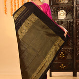 Black With Gold And Silver Geometric Stripes Kanjivaram Silk Saree