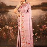 Soft Lavender With All Over Checks, Floral And Bird Motif Border Designer Saree