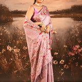 Soft Lavender With All Over Checks, Floral And Bird Motif Border Designer Saree