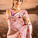 Soft Lavender With All Over Checks, Floral And Bird Motif Border Designer Saree