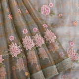Sage Green Checkered Organza Saree With Hand-Embroidered Floral Motifs