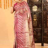 Golden Pink Floral Kanjivaram Silk Saree