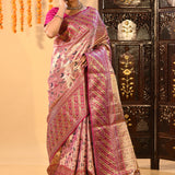 Golden Pink Floral Kanjivaram Silk Saree