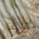 Sage Green Organza Saree With Hand Embroidered Swan And Floral Border
