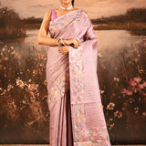 Soft Mauve Checkered With Multicolor Floral Motif Border Designer Saree
