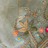 Sage Green Organza Saree With Hand Embroidered Swan And Floral Border