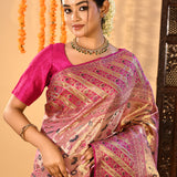 Golden Pink Floral Kanjivaram Silk Saree