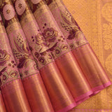 Earthy Brown & Pink Floral Bouquet Kanjivaram Silk Saree