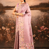 Soft Mauve Checkered With Multicolor Floral Motif Border Designer Saree