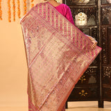 Golden Pink Floral Kanjivaram Silk Saree