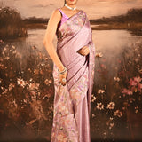 Soft Mauve Checkered With Multicolor Floral Motif Border Designer Saree