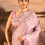 Soft Mauve Checkered With Multicolor Floral Motif Border Designer Saree