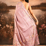 Soft Mauve Checkered With Multicolor Floral Motif Border Designer Saree