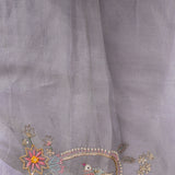 Grey Organza Saree With Hand Embroidered Bird And Floral Border