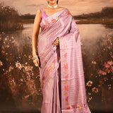 Lavender Rose With Striped And Embroidered Floral Border Designer Saree