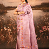 Lavender Rose With Striped And Embroidered Floral Border Designer Saree