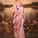 Lavender Rose With Striped And Embroidered Floral Border Designer Saree