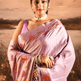 Lavender Rose With Striped And Embroidered Floral Border Designer Saree