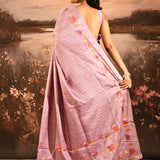 Lavender Rose With Striped And Embroidered Floral Border Designer Saree