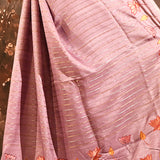 Lavender Rose With Striped And Embroidered Floral Border Designer Saree