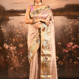 Soft Baby Blush Pink With Buttis And Swan Highlighted Border Tissue Saree