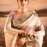 Soft Baby Blush Pink With Buttis And Swan Highlighted Border Tissue Saree