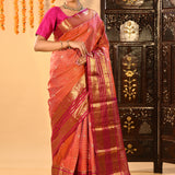 Orange Checked Butti Kanjivaram Silk Saree