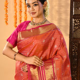 Orange Checked Butti Kanjivaram Silk Saree