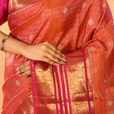 Orange Checked Butti Kanjivaram Silk Saree