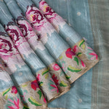 Powder Blue Fusion Saree With Digital Floral Print & Embroidered Border