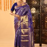 Royal Blue Striped Butti Blur Tissue Kanjivaram Saree