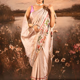 Soft Champagne With Paithani Style Elephant Motif Border Designer Saree
