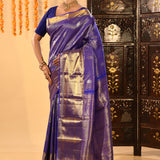 Royal Blue Striped Butti Blur Tissue Kanjivaram Saree