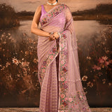 Mauve Sheer Striped With Butterfly And Floral Embroidered Border Designer Saree