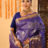 Royal Blue Striped Butti Blur Tissue Kanjivaram Saree