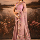 Mauve Sheer Striped With Butterfly And Floral Embroidered Border Designer Saree