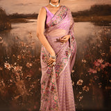 Mauve Sheer Striped With Butterfly And Floral Embroidered Border Designer Saree