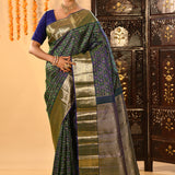 Blue And Green Checked Butti Kanjivaram Silk Saree