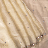 White Kanjivaram Saree With Scattered Mirror Work And Sequin Scalloped Border