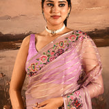 Mauve Sheer Striped With Butterfly And Floral Embroidered Border Designer Saree
