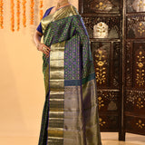 Blue And Green Checked Butti Kanjivaram Silk Saree