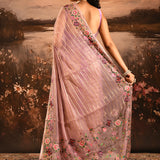 Mauve Sheer Striped With Butterfly And Floral Embroidered Border Designer Saree
